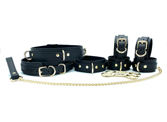 Tango Black BDSM Set featuring the complete luxury leather bondage kit, crafted in black leather and suede with gold hardware. Includes two durable metal connectors, ideal for sophisticated BDSM leather gear made in the USA.