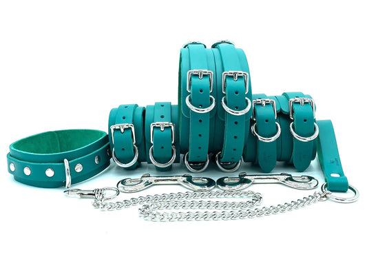 Candice Collection BDSM kit, showcasing the entire set including handcuffs, ankle cuffs, a collar with leash, and thigh cuffs. Each piece is crafted from luxurious teal leather and teal suede, finished with silver hardware, designed for those who seek both style and function in their bondage gear.