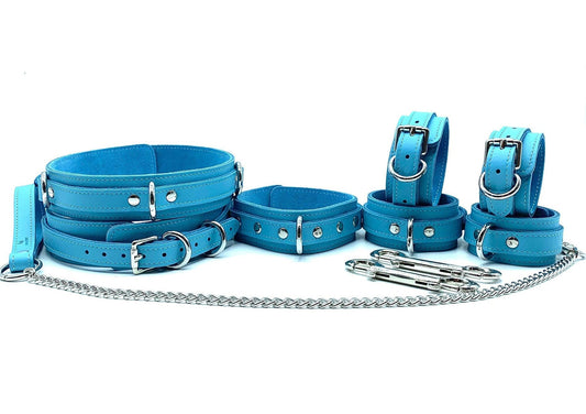 Complete Vienna BDSM bondage kit displayed, including a collar, leash, handcuffs, ankle cuffs, and thigh cuffs, all crafted from soft baby blue leather with suede accents and finished with silver hardware, showcasing the set's elegance and comprehensive design.