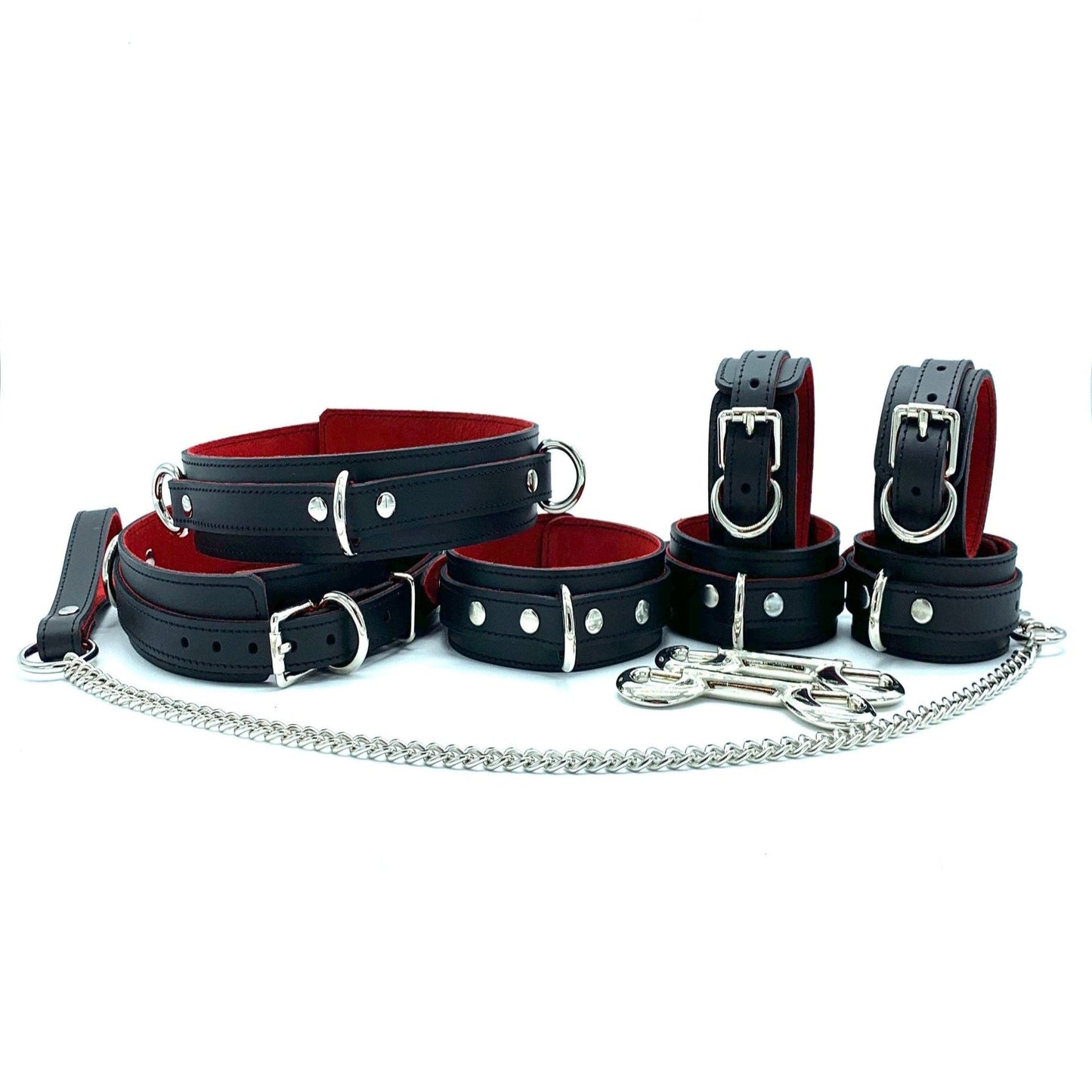 7 Piece Bondage Set "Scarlet", Leather BDSM Restraints Kit, Thigh Cuffs, Collar for Sub, BDSM Hand and Ankle Cuffs 1.5", Red Lining - Lulexy