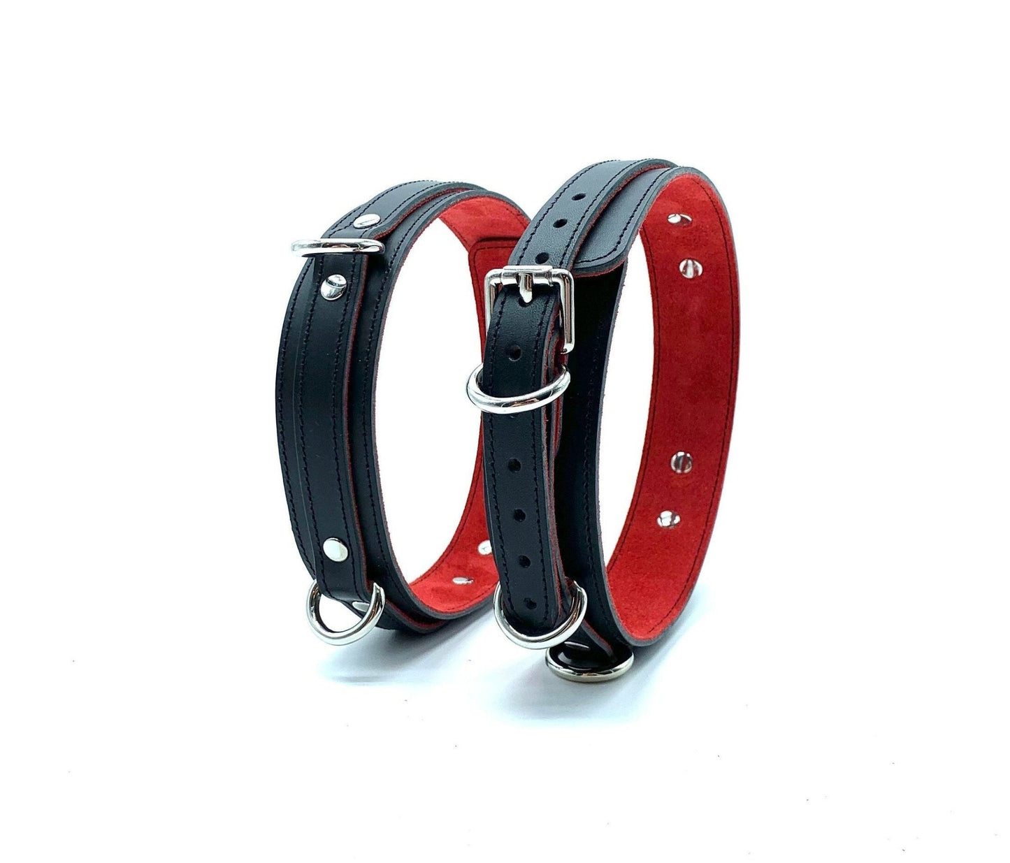 7 Piece Bondage Set "Scarlet", Leather BDSM Restraints Kit, Thigh Cuffs, Collar for Sub, BDSM Hand and Ankle Cuffs 1.5", Red Lining - Lulexy