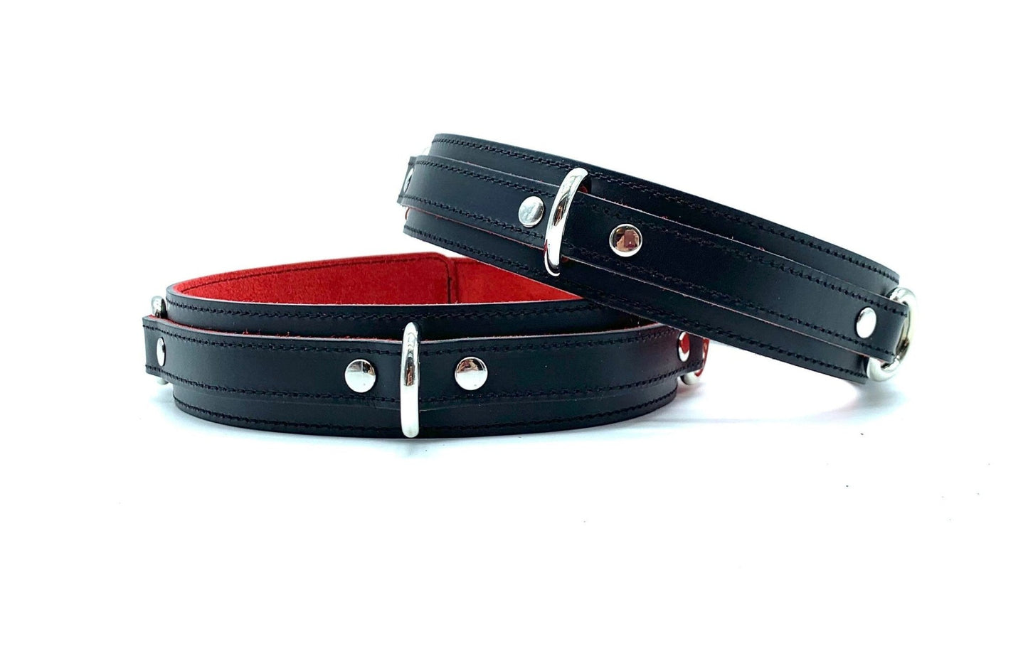 7 Piece Bondage Set "Scarlet", Leather BDSM Restraints Kit, Thigh Cuffs, Collar for Sub, BDSM Hand and Ankle Cuffs 1.5", Red Lining - Lulexy