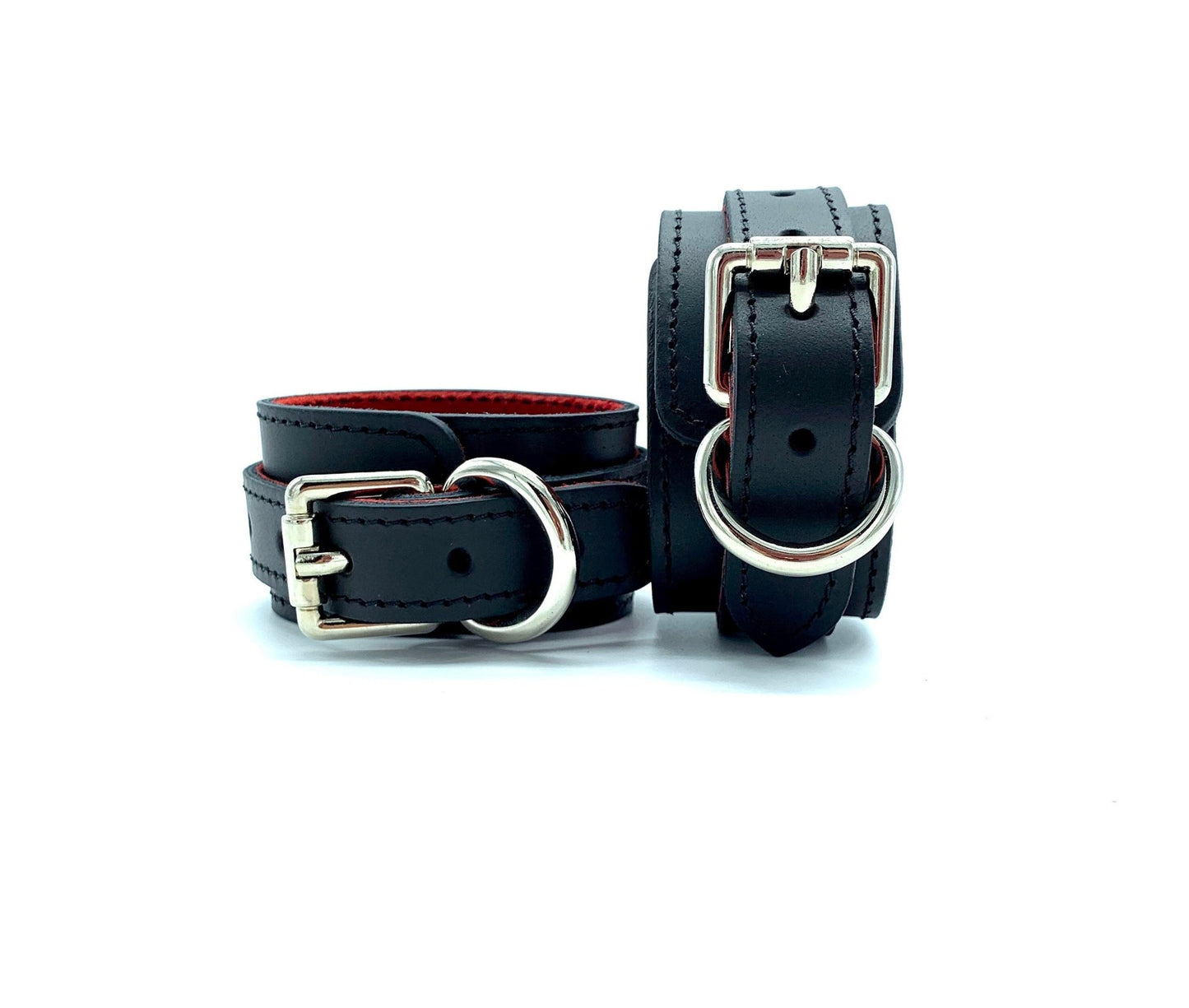 7 Piece Bondage Set "Scarlet", Leather BDSM Restraints Kit, Thigh Cuffs, Collar for Sub, BDSM Hand and Ankle Cuffs 1.5", Red Lining - Lulexy