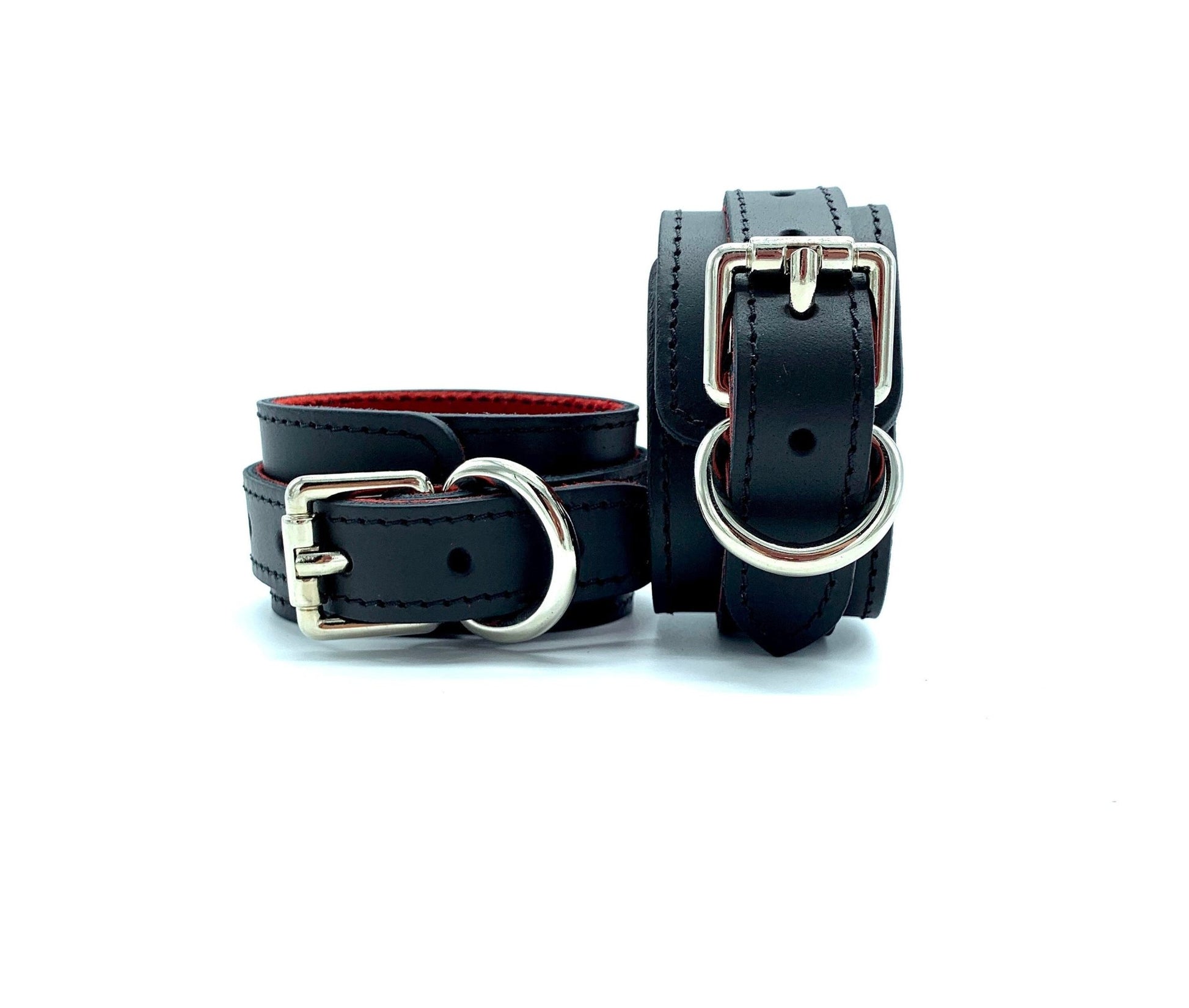 7 Piece Bondage Set "Scarlet", Leather BDSM Restraints Kit, Thigh Cuffs, Collar for Sub, BDSM Hand and Ankle Cuffs 1.5", Red Lining - Lulexy
