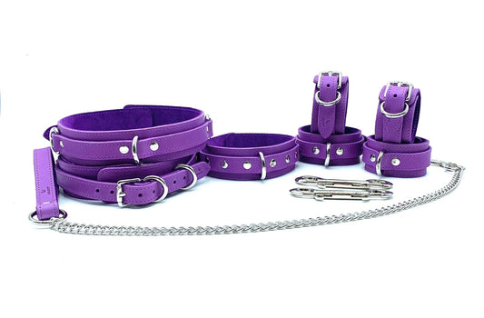 Tango Purple BDSM Set featuring the entire luxury leather bondage kit, crafted from purple leather and suede with silver hardware. Includes two sturdy metal connectors, ideal for sophisticated BDSM leather gear made in the USA.