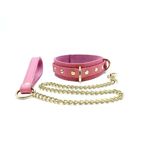 Collar and detachable chain leash set featuring light pink leather and gold hardware.