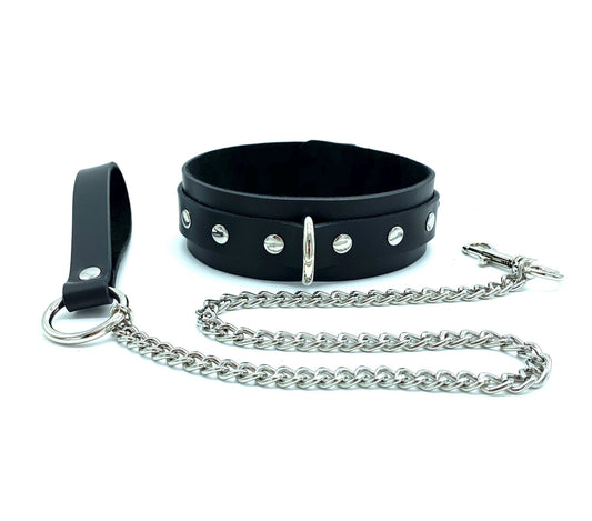 BDSM 1.5" Collar and Leash "Mona" in Black Leather, Bondage Clothing, Body Harness Fashion, Strappy Lingerie, Submissive Clothing, Erotic - Lulexy