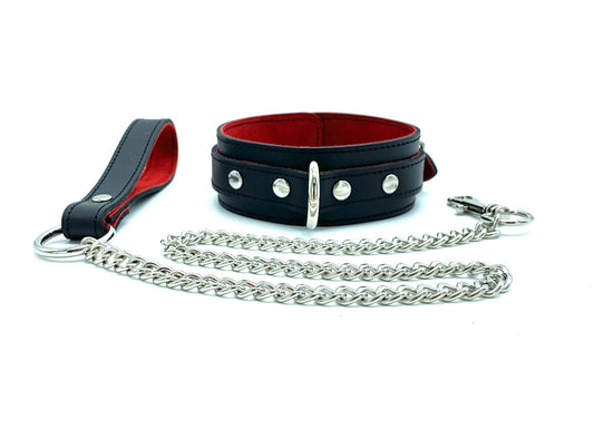 BDSM Collar and Leash, SCARLET, Leather Choker 1.5", Chain Leash, Collar for Submissive, Red Lining - Lulexy
