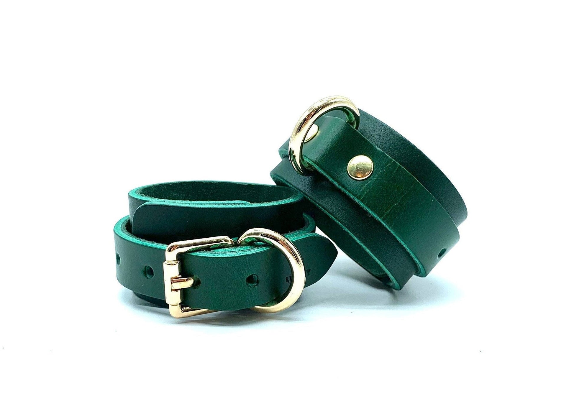 Bondage Handcuffs "Mona", Leather BDSM 1.5" Cuffs, Handmade Emerald Green Italian Leather Submissive Restraints, Gold Hardware - Lulexy