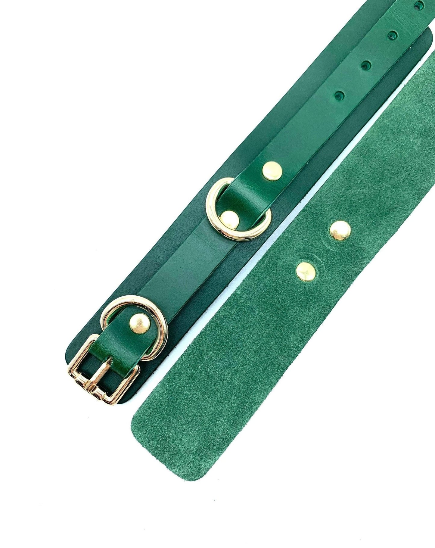 Bondage Handcuffs "Mona", Leather BDSM 1.5" Cuffs, Handmade Emerald Green Italian Leather Submissive Restraints, Gold Hardware - Lulexy