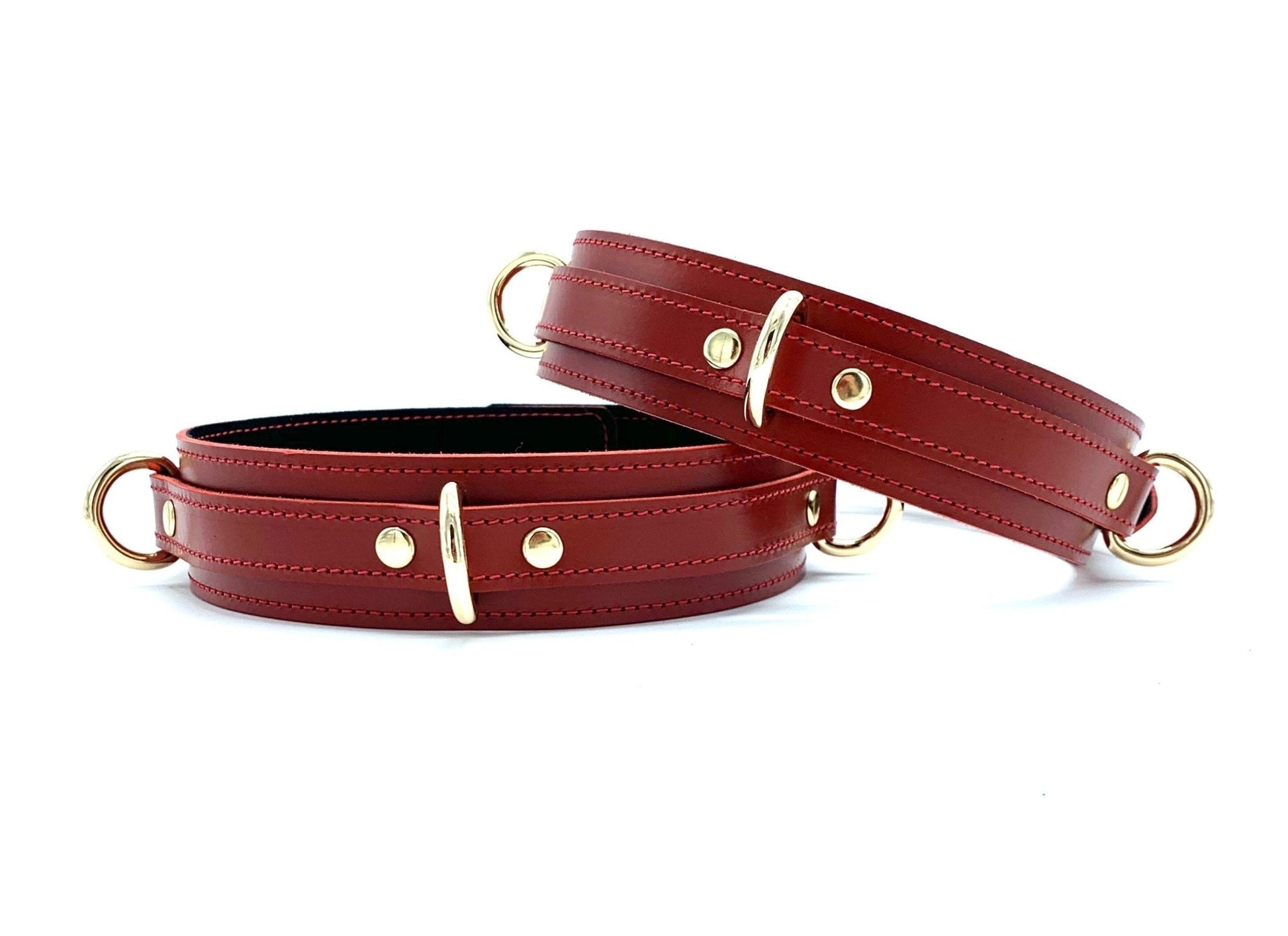 Bondage Thigh Cuffs "Tango", Red Leather BDSM Thigh Cuffs, Handmade Submissive Restraints, Gold Hardware - Lulexy