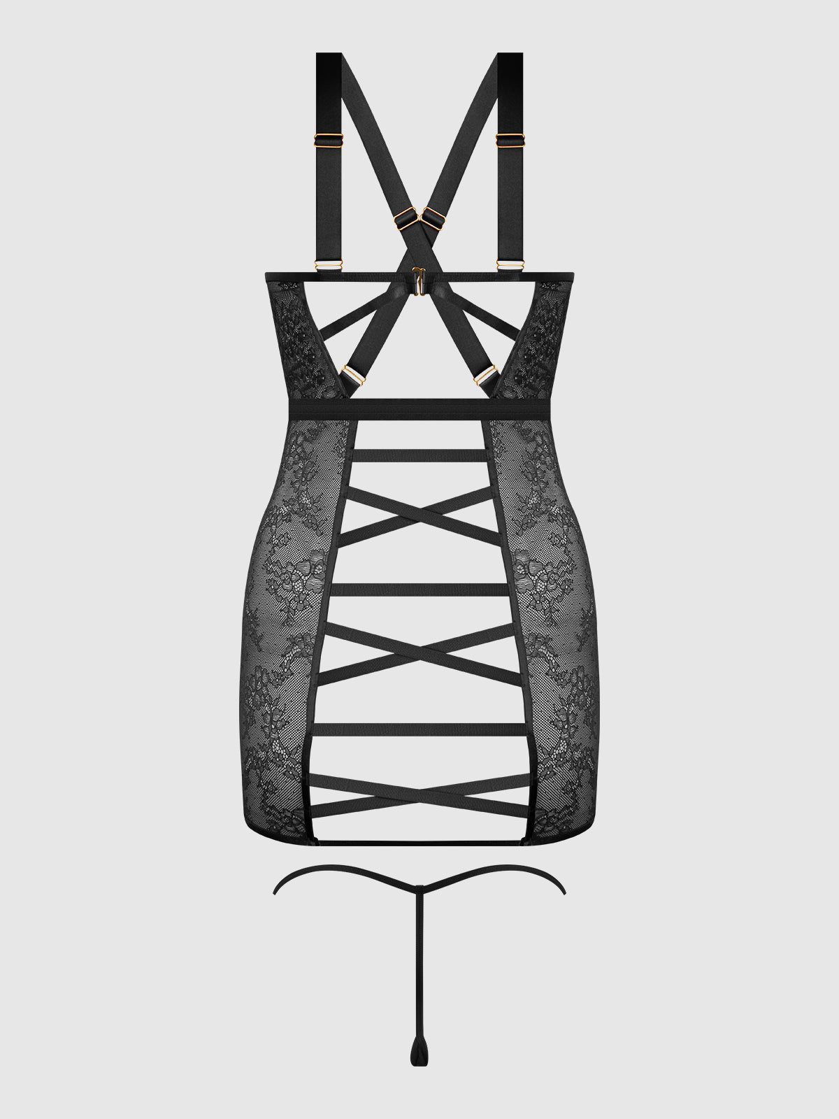 KIKI LACE STRAPPY & BACKLESS CHEMISE & G-STRING SET - Lulexy