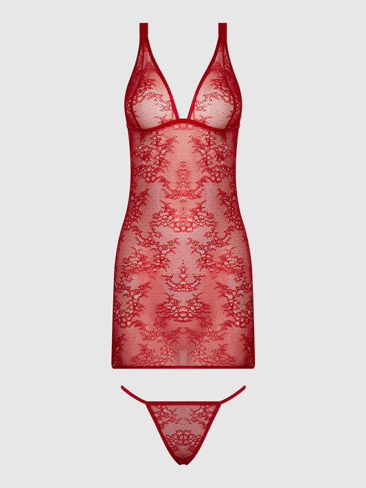 KIKI LACE STRAPPY & BACKLESS CHEMISE & G-STRING SET - Lulexy