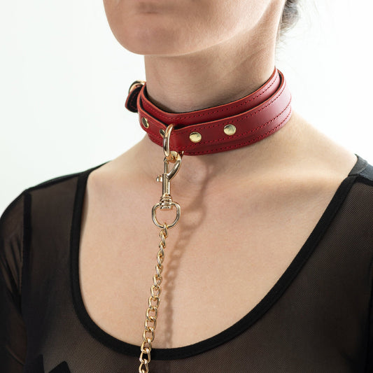 Leather Choker with Leash, "Tango", Red Bondage Collar, Necklace and Leash for Submissive, Handmade Custom Choker Collar - Lulexy