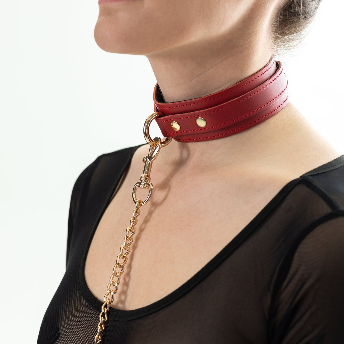 Leather Choker with Leash, "Tango", Red Bondage Collar, Necklace and Leash for Submissive, Handmade Custom Choker Collar - Lulexy
