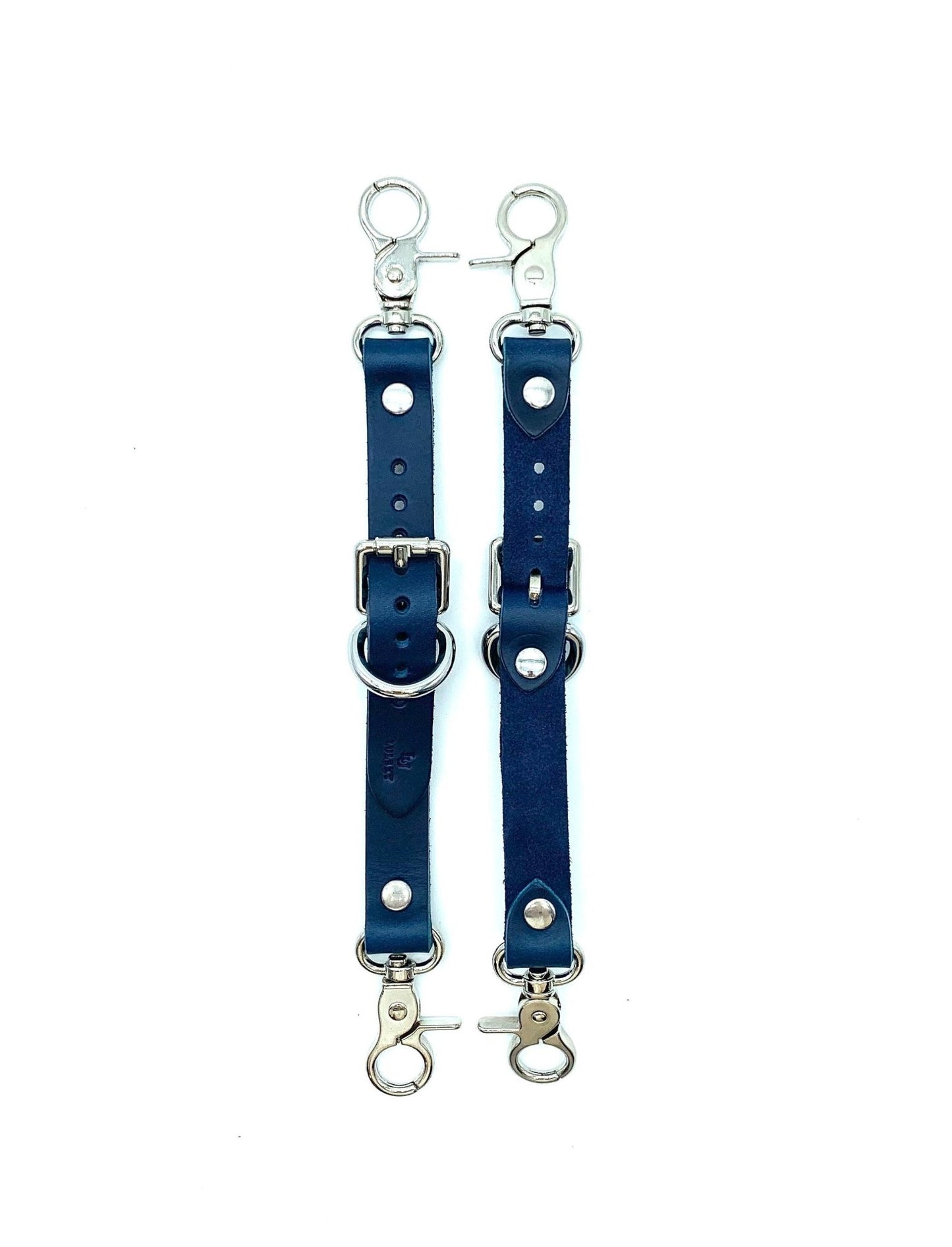 Blue Italian leather garter straps with silver hardware, adjustable connectors with buckles and clip ends