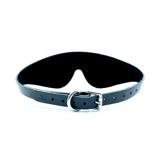 Black leather blindfold with strap and silver buckle, adjustable Italian leather design
