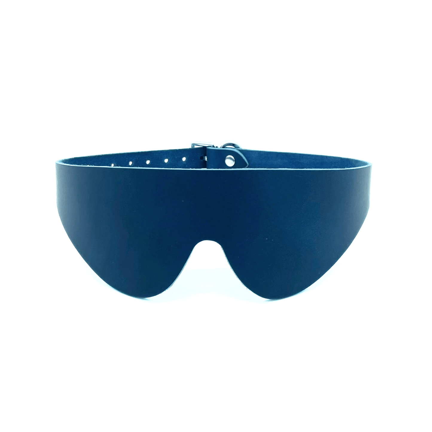 Blue Italian leather blindfold with curved design and clean finish, minimalist sensory accessory