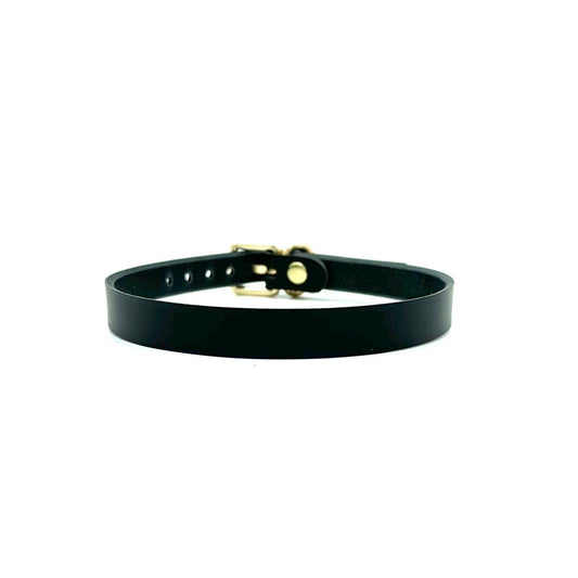 Black leather choker with gold studs and slim profile, handmade minimalist collar with luxury finish