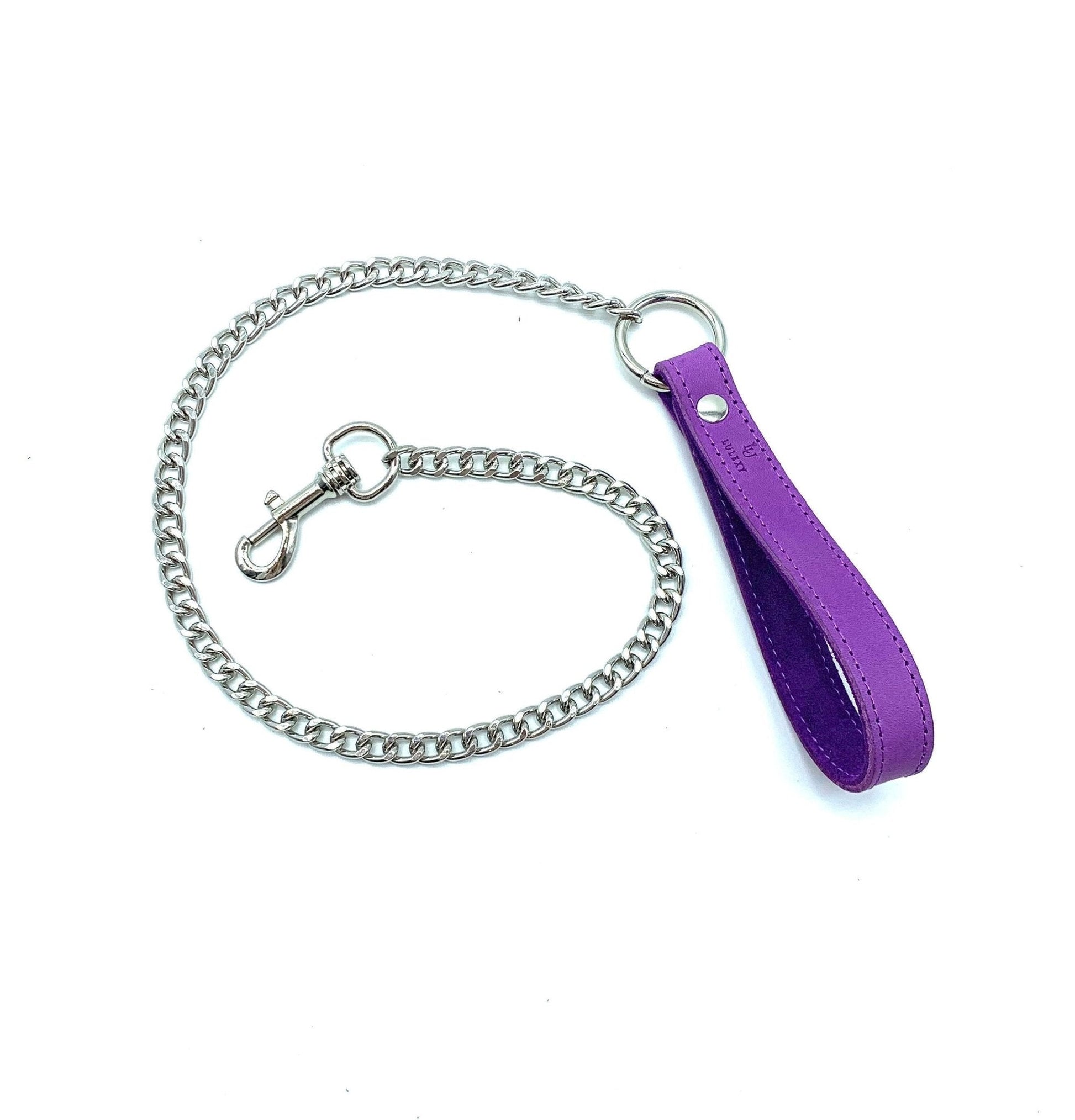 Purple Italian leather handle with silver chain leash, featuring an O-ring and clasp, laid flat.