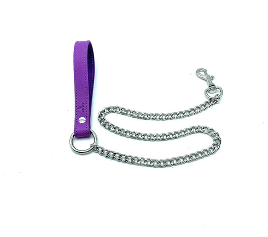 Purple Italian leather handle with silver chain leash, featuring an O-ring and clasp.