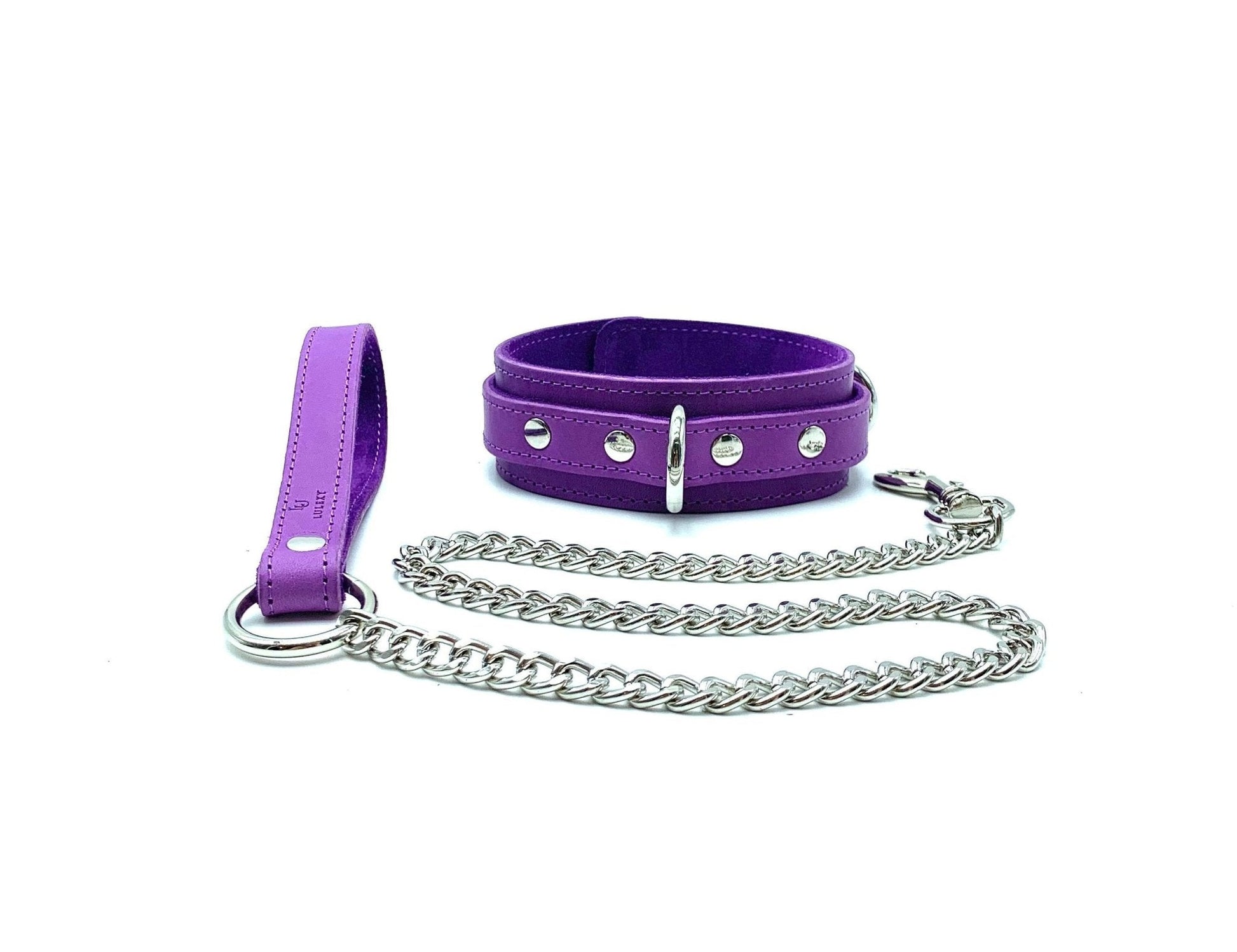 Purple Italian leather collar with silver hardware, paired with a matching chain leash and leather handle.