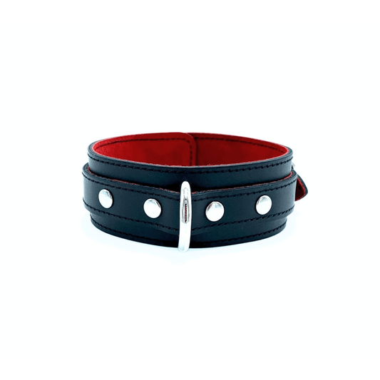Black leather collar with bright red suede lining, silver D ring in the center and shiny rivets on each side of the ring.
