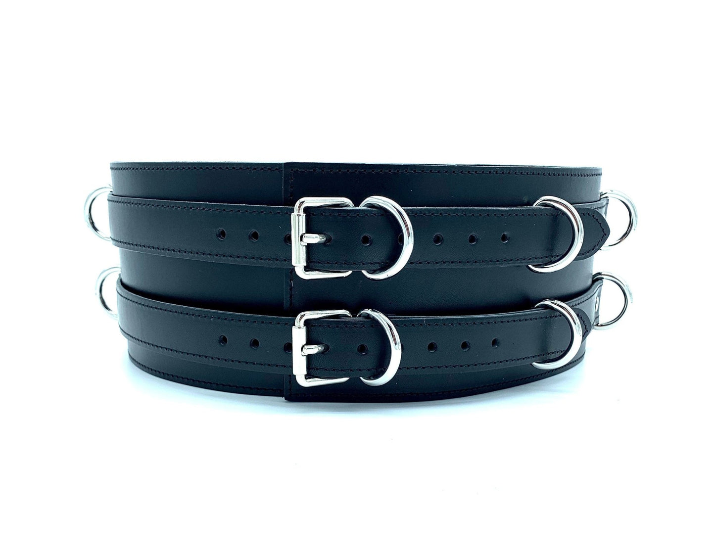 Black leather double belt side view with silver buckles and hardware, adjustable waist belt design