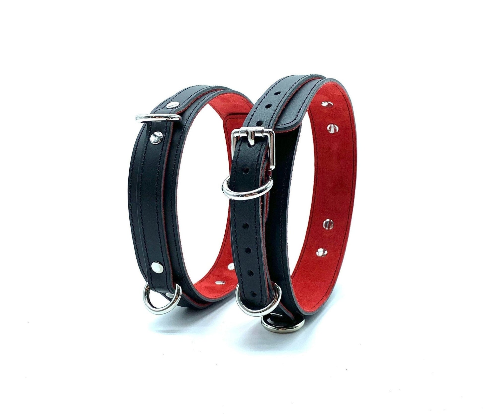 Standing Up: Scarlet Italian leather BDSM bondage thigh cuffs standing upright, highlighting the structured form and premium scarlet Italian leather, manufactured in the USA.