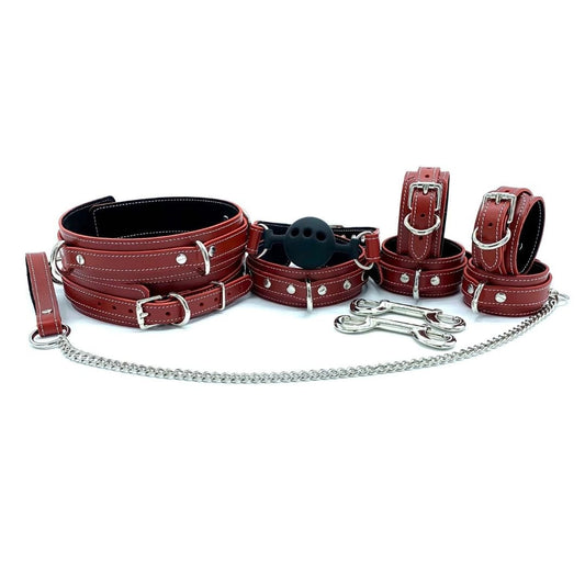 TANGO 8 Piece Bondage Set Italian Red Leather with Custom Stitching - Lulexy