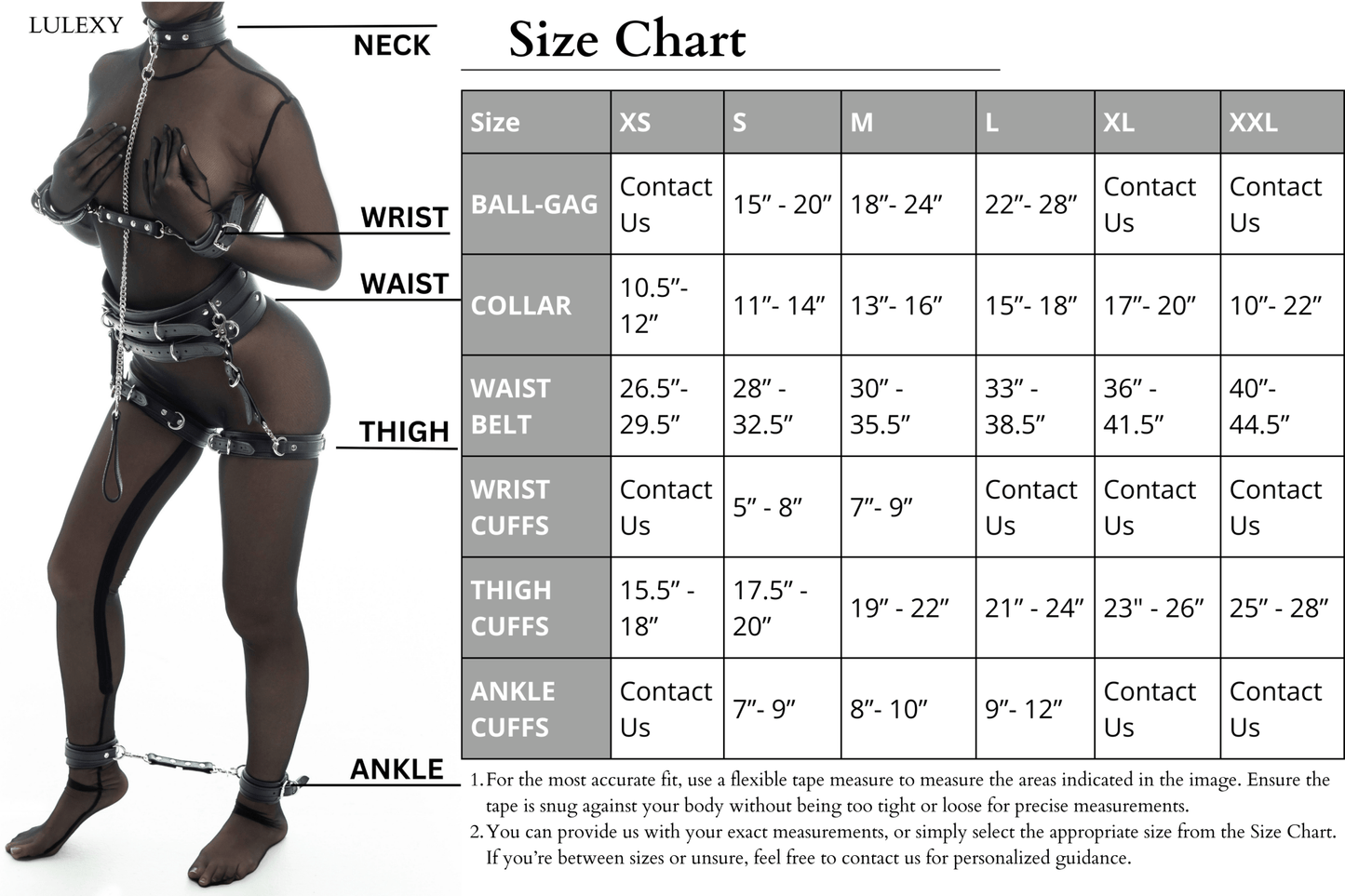 BDSM size chart showing body measurements for collars, cuffs, belts and restraints with model reference guide