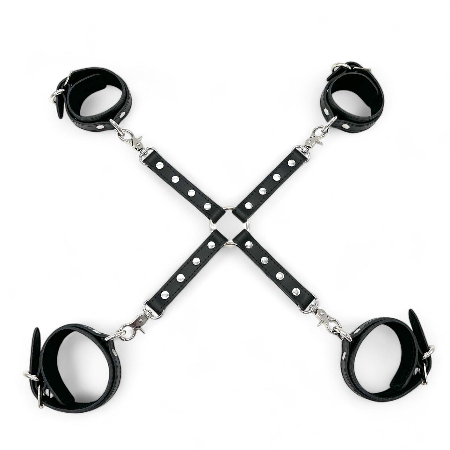 Black leather x or hogtie restraint connector with wrist and ankle cuffs, silver hardware, and central O-ring.