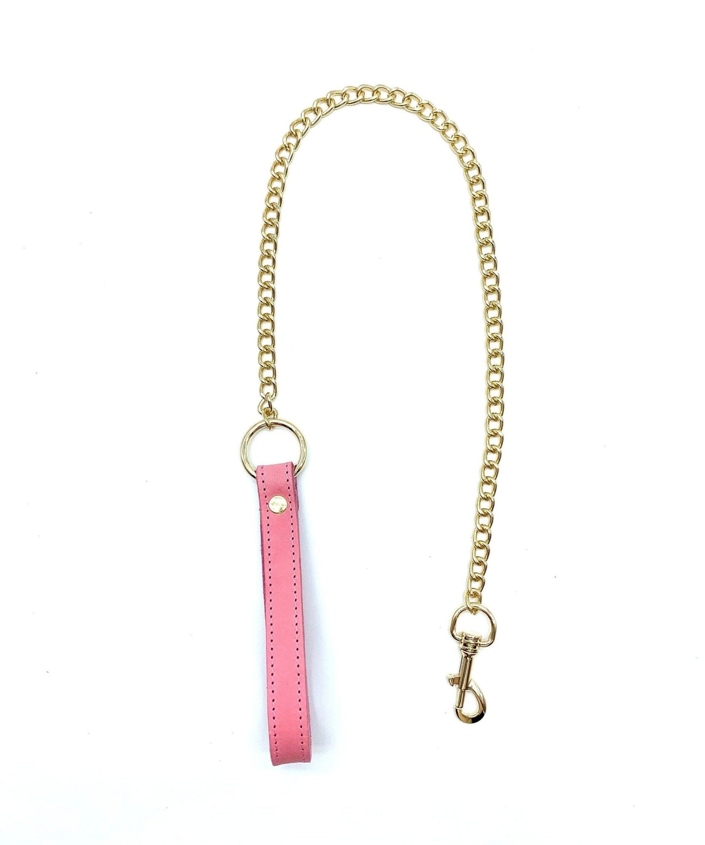 Pink leather chain leash with gold hardware and clip, featuring leather handle and detachable chain design