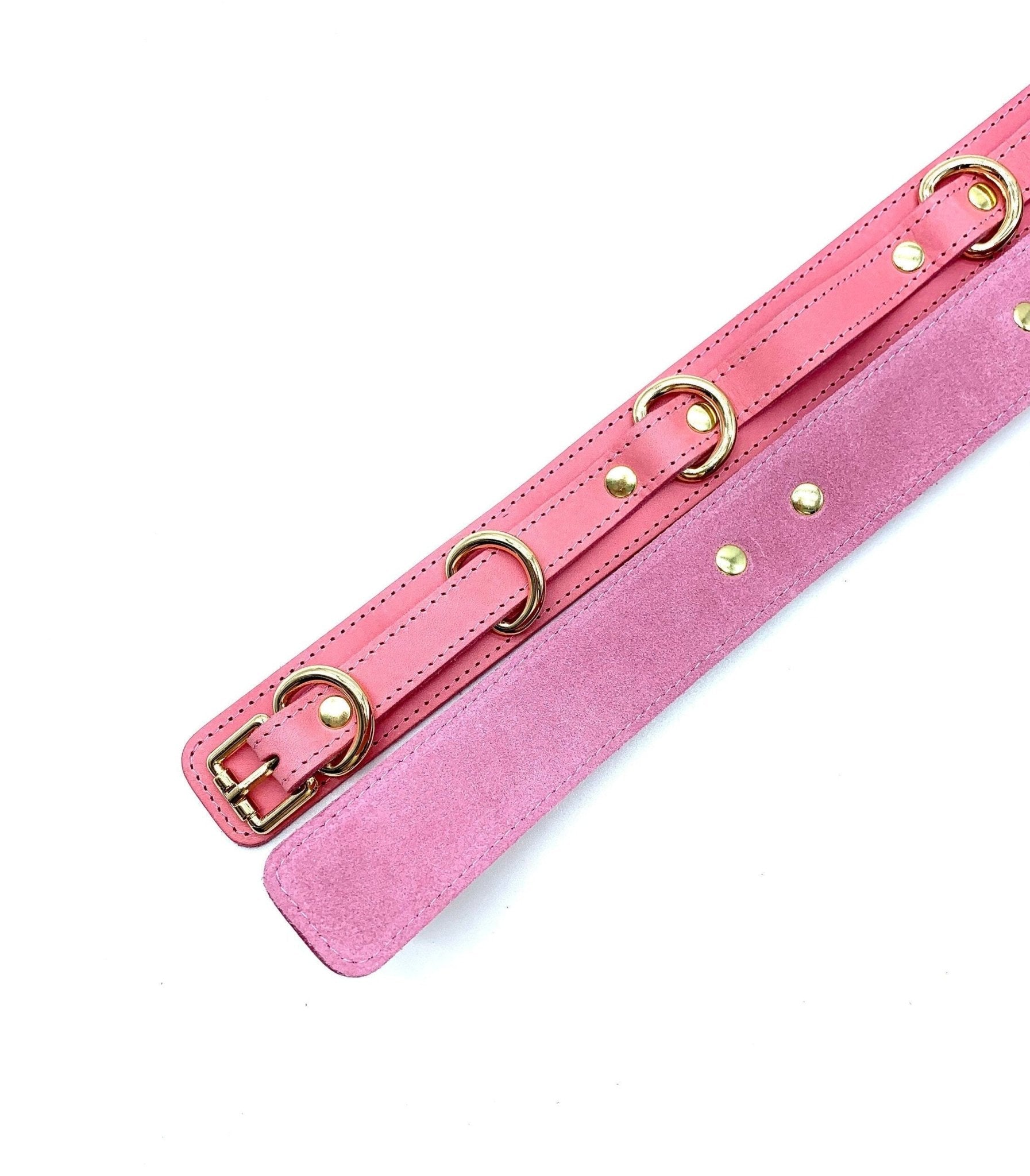 Tango Pink Italian leather BDSM bondage thigh cuffs presented on a white panel, showing both the front and back views side by side, highlighting the uniform color and consistent design with gold hardware.