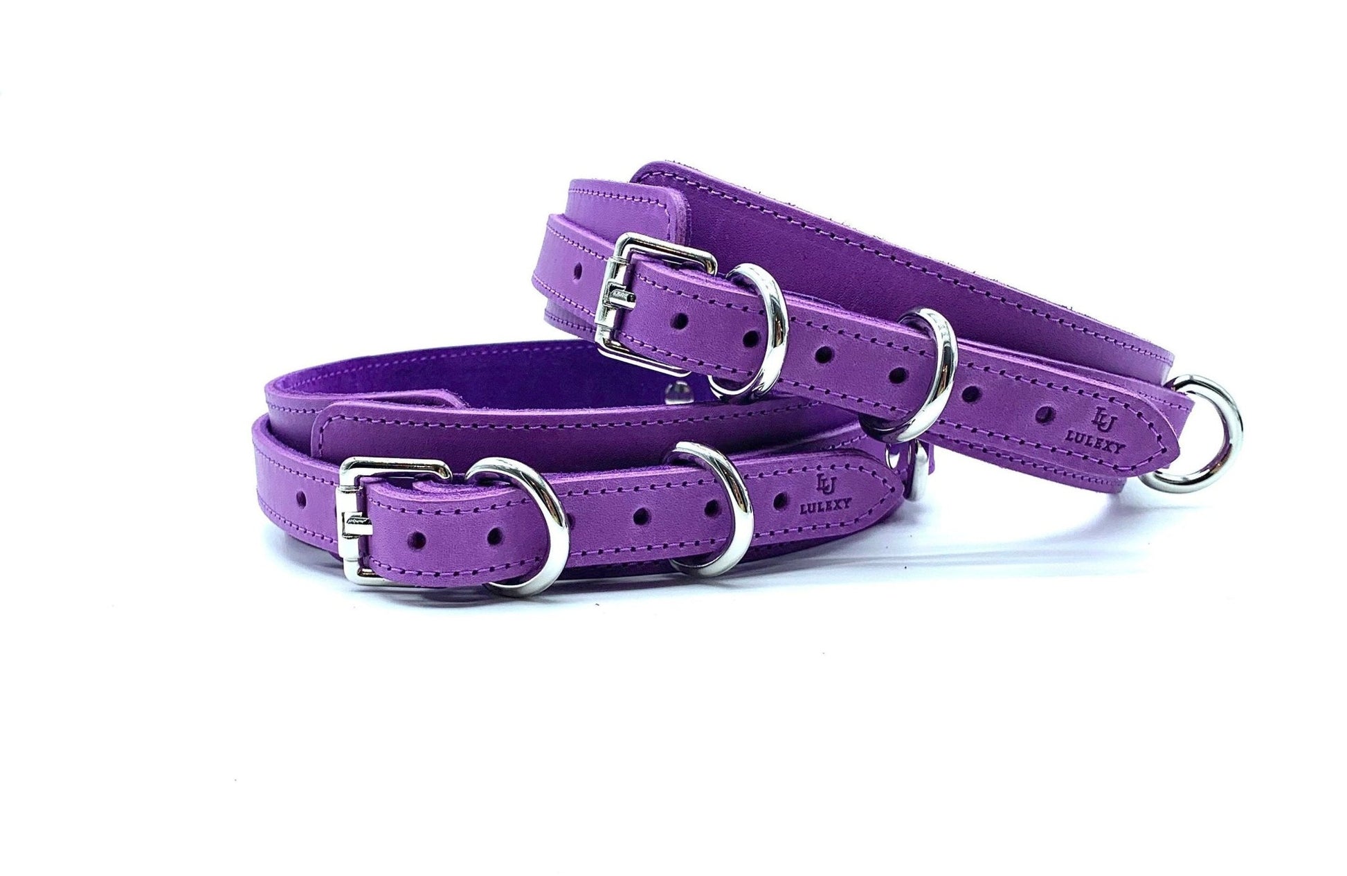 Side View with Buckles: Side view of Tango Purple Italian leather BDSM bondage thigh cuffs, highlighting the robust silver buckles and the exquisite craftsmanship, made with Italian leather in the USA.