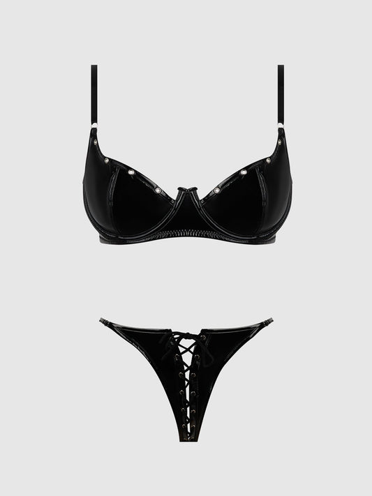 TRINITY PATENT BRA & LACE UP CROTCHLESS PANTY SET - Lulexy
