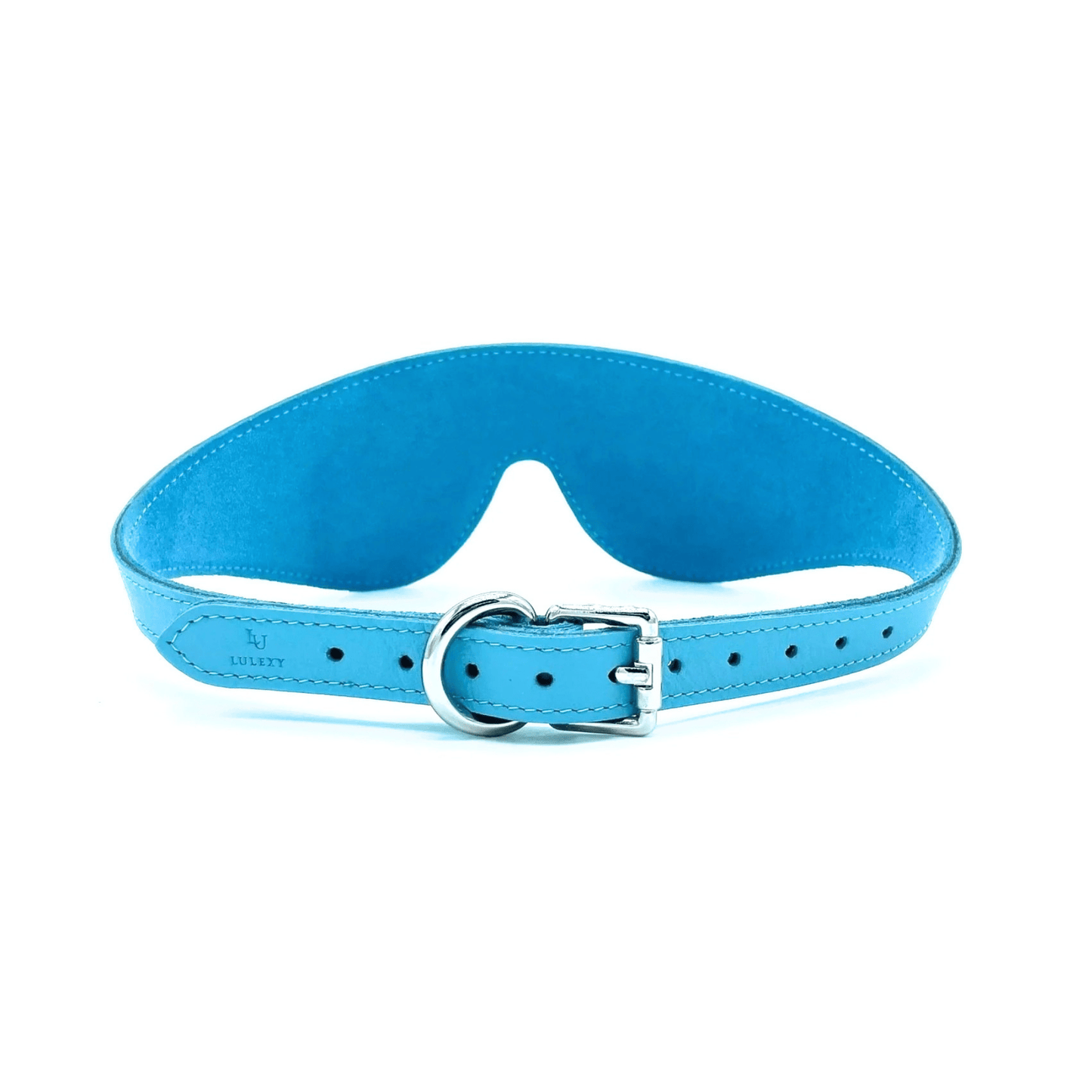 Blue leather blindfold side view with adjustable strap and buckle, smooth Italian leather finish