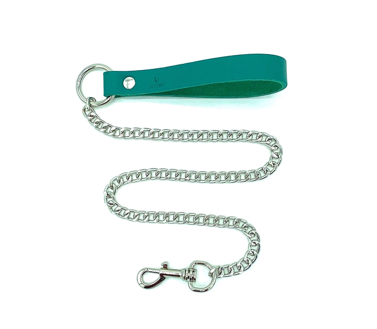 Durable silver chain and leash from the Candice Collection, designed for secure and stylish control during BDSM play. The teal leather handle adds a touch of luxury and comfort.