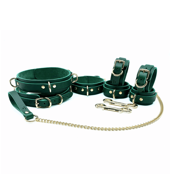 7 piece green Italian leather bondage set Mona with collar, leash, wrist cuffs, ankle cuffs, thigh cuffs and connectors