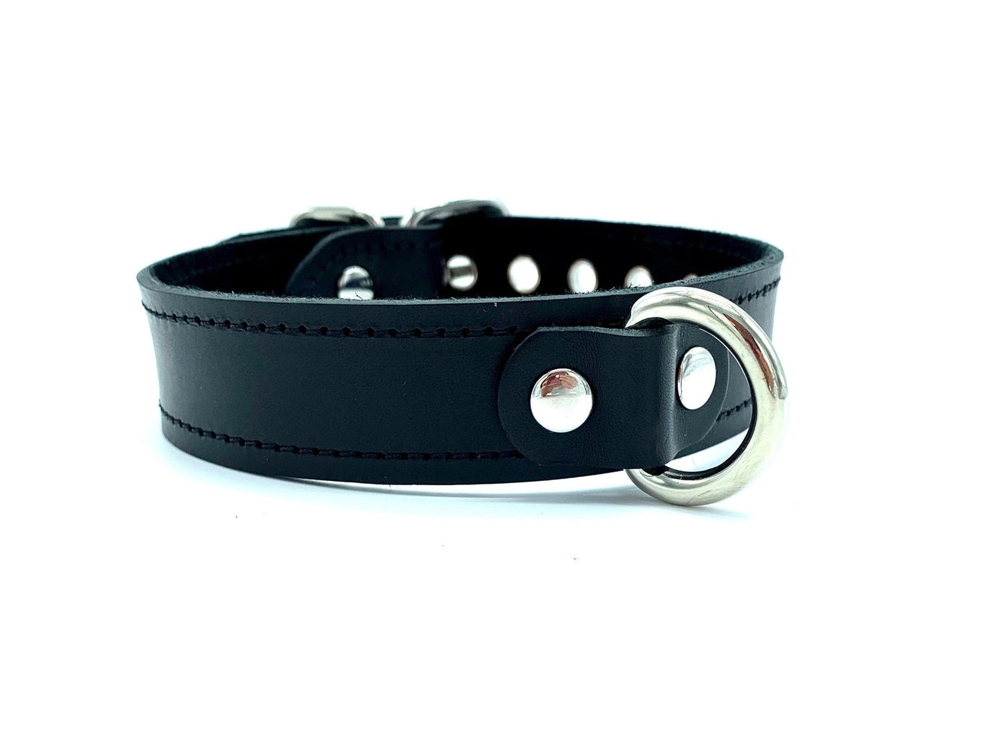 Black Italian leather day collar with D ring in the center, 2 shiny rivets upfront and reinforced adjustment holes