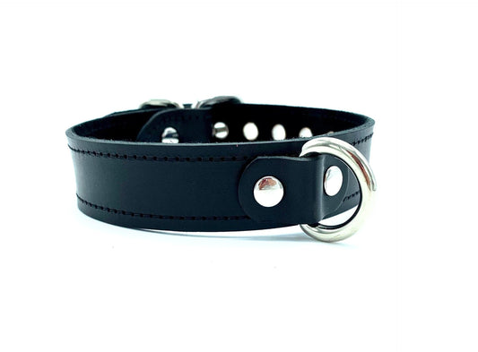 Black Italian leather day collar with D ring in the center, 2 shiny rivets upfront and reinforced adjustment holes
