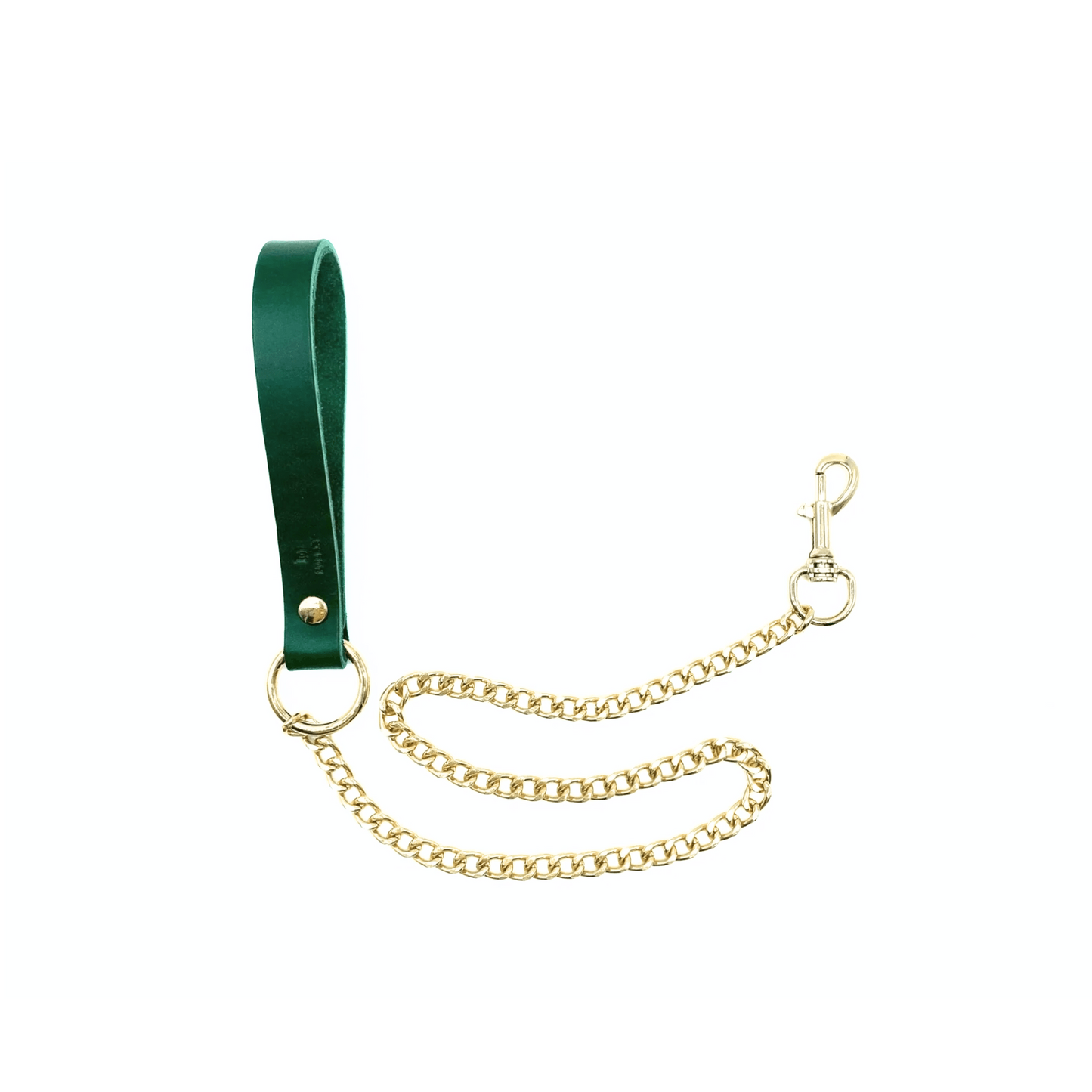 Green Italian leather chain leash with gold hardware, leather handle and detachable clip