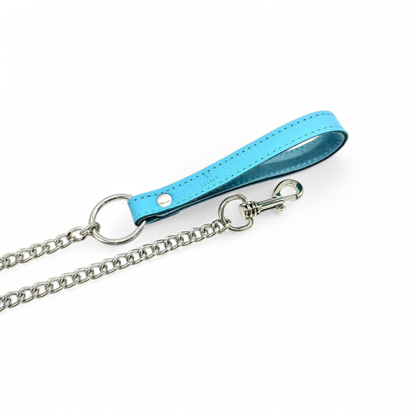 Close up of silver detachable chain leash, showcasing snap hook and light blue leather handle. 