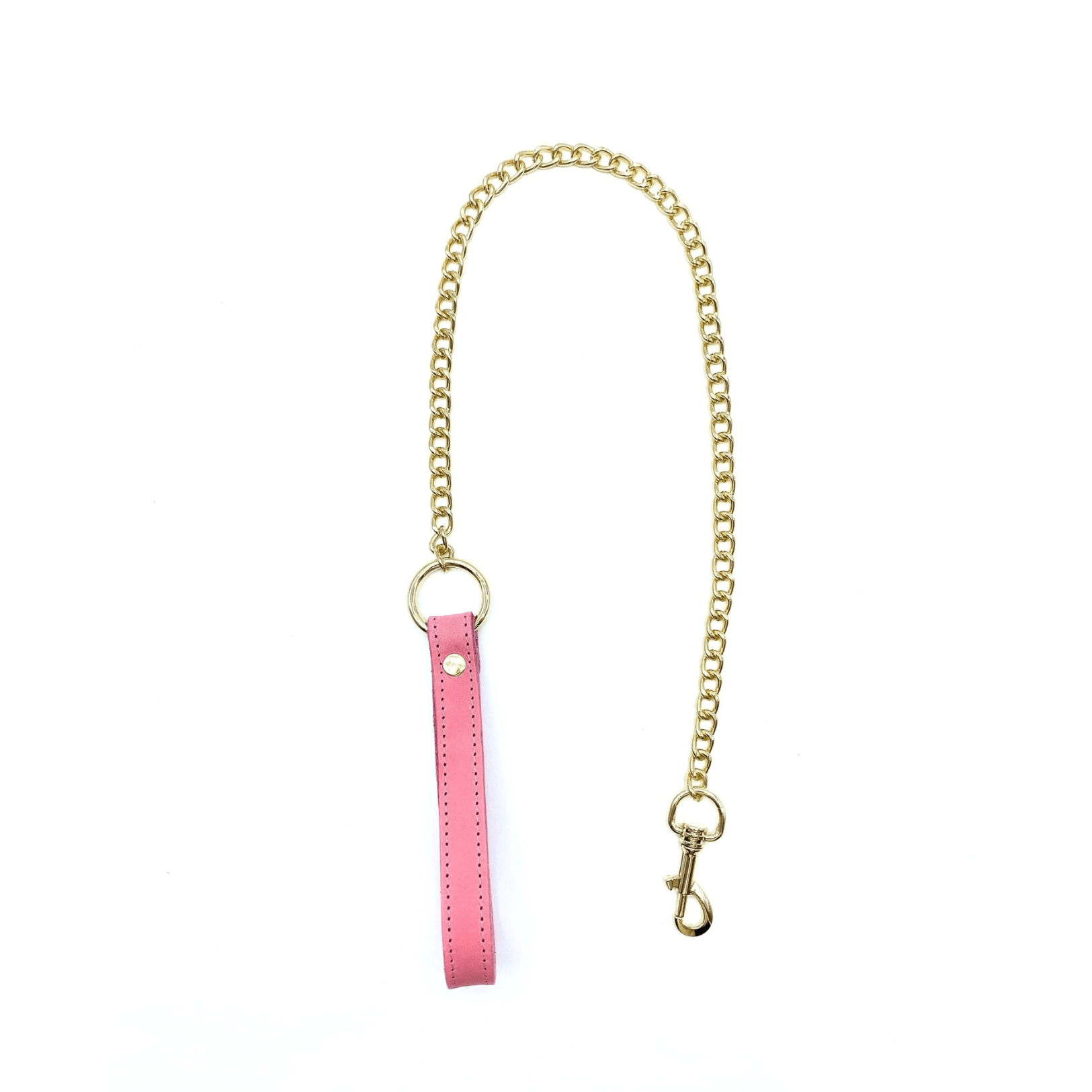 Detachable gold chain leash with light pink leather handle and embossed Lulexy logo.
