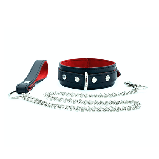 Black leather collar with red suede lining, silver hardware and matching chain leash.