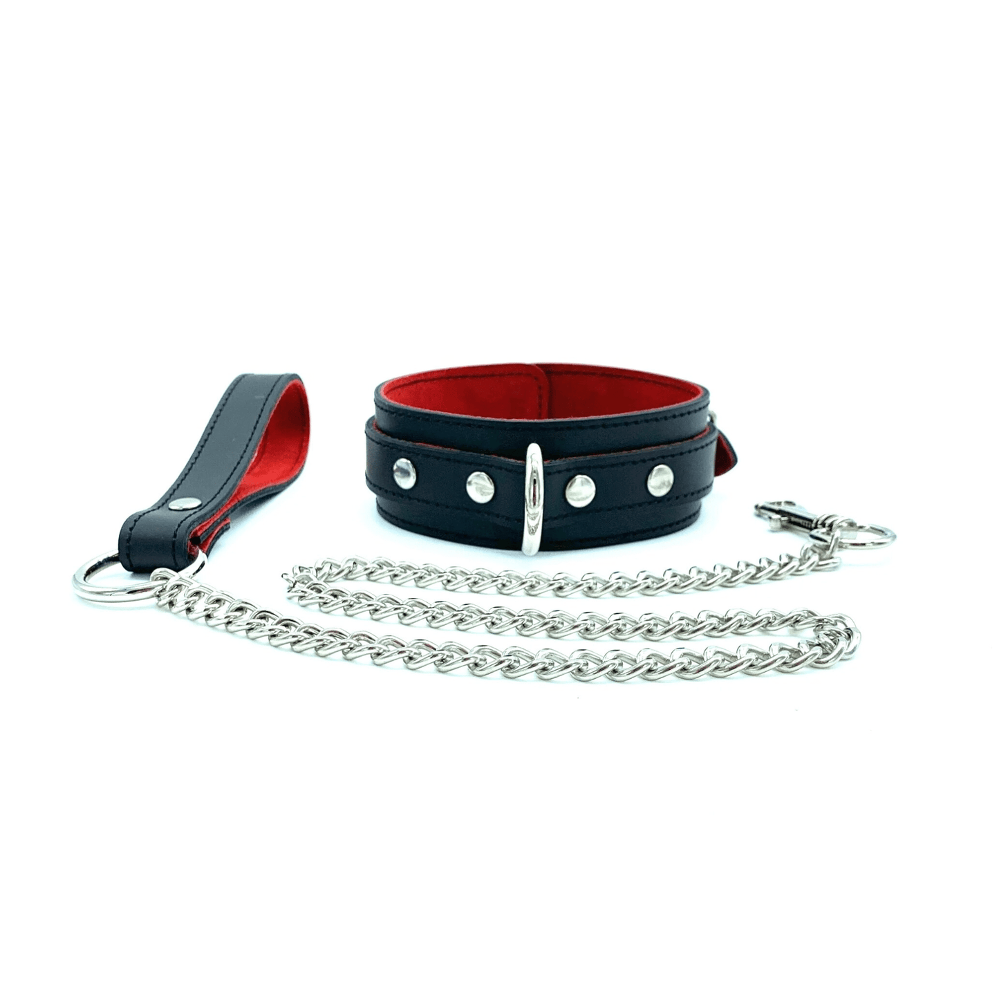Collar and leash black leash and red suede lining with silver chain leash, center D ring and rivets on each side on the ring.