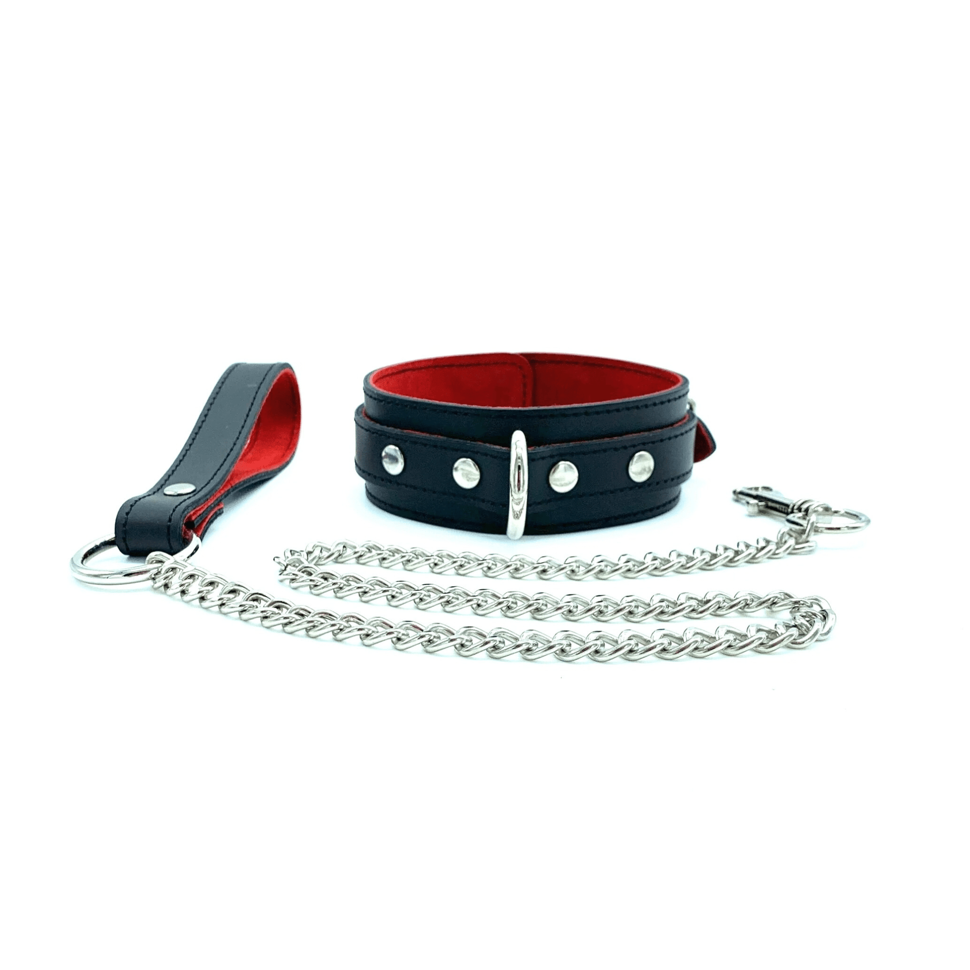 Collar and leash black leash and red suede lining with silver chain leash, center D ring and rivets on each side on the ring.