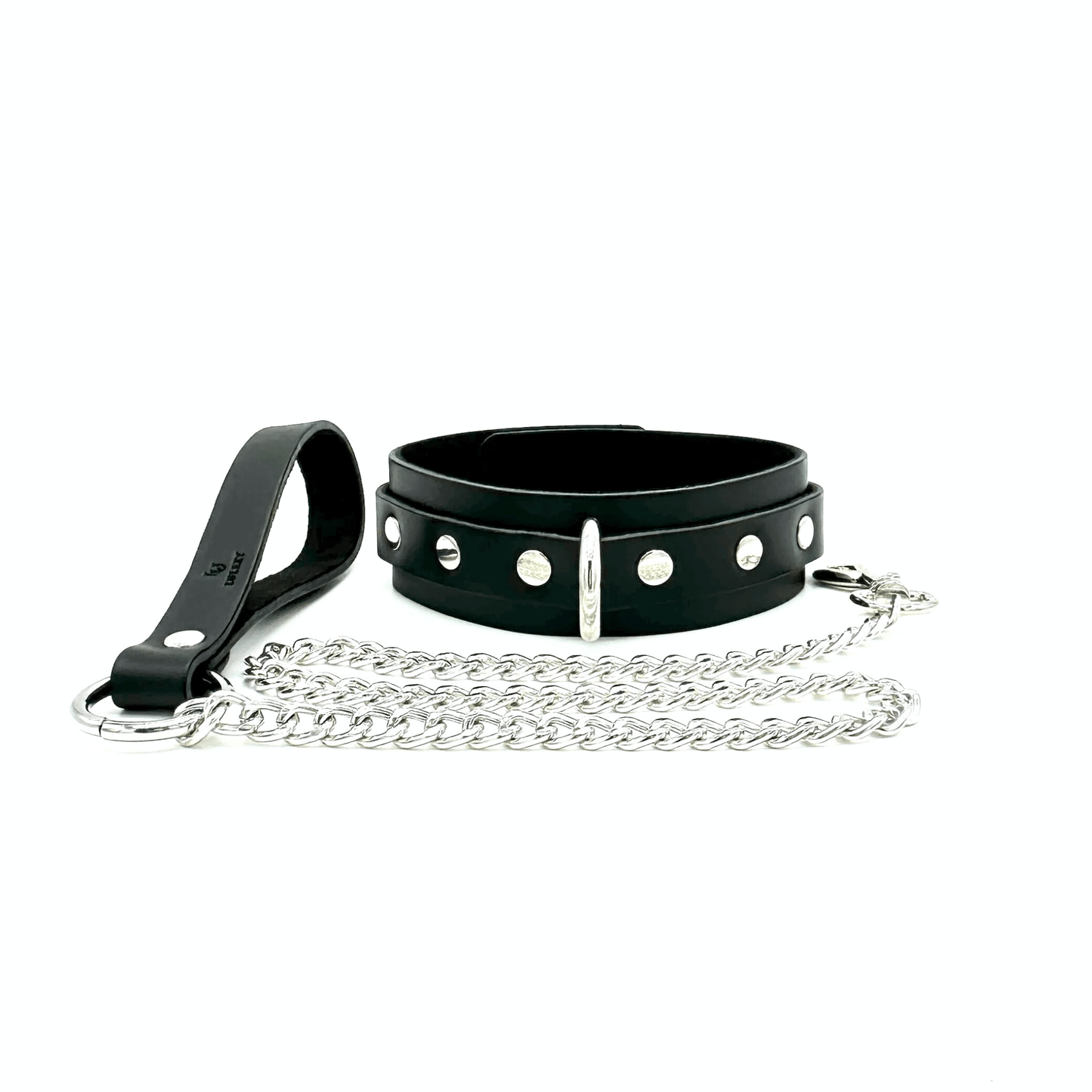 Black Italian leather collar and silver chain leash set with 1.5 inch collar, center D-ring and three rivets each side