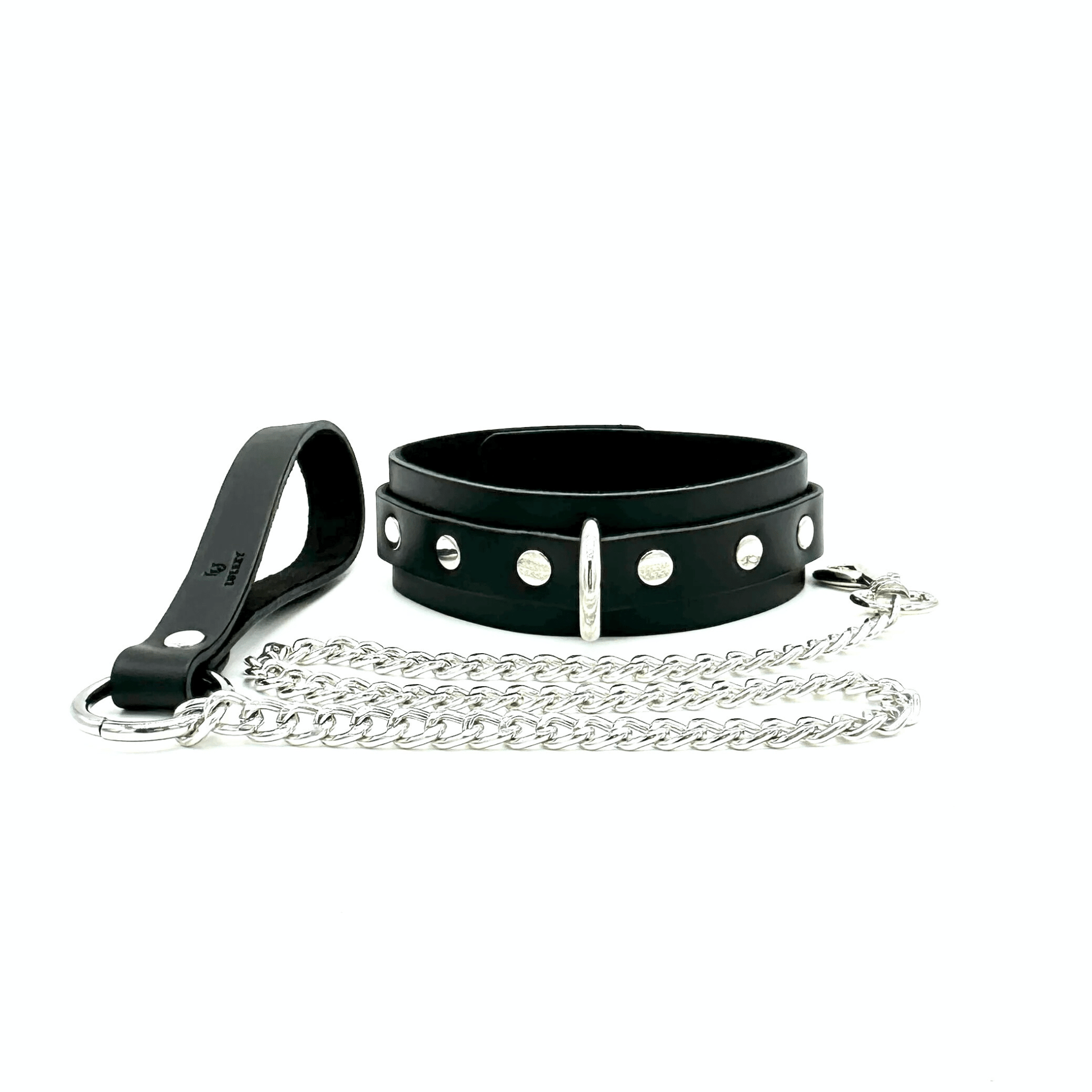 Black Italian leather collar and silver chain leash set with 1.5 inch collar, center D-ring and three rivets each side