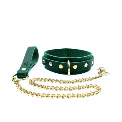 Green leather collar with gold center D-ring, five rivets each side and detachable chain leash with leather handle